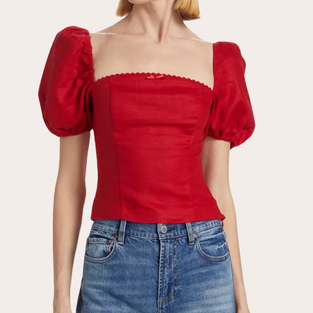 Reformation Red Linen Balloon Sleeve Blouse